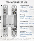 7 Inch Invisible Door Hinges 2 Pack Heavy Duty 3D Adjustable 180 Degree Swing Concealed Door Hinge in Silver with 176.5 Lb Load Capacity Recessed Install For A Clean Look On Interior Doors Cabinets And Closets, showing installation instructions.