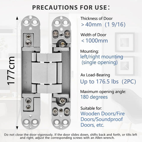 7 Inch Invisible Door Hinges 2 Pack Heavy Duty 3D Adjustable 180 Degree Swing Concealed Door Hinge in Silver with 176.5 Lb Load Capacity Recessed Install For A Clean Look On Interior Doors Cabinets And Closets, showing installation instructions.