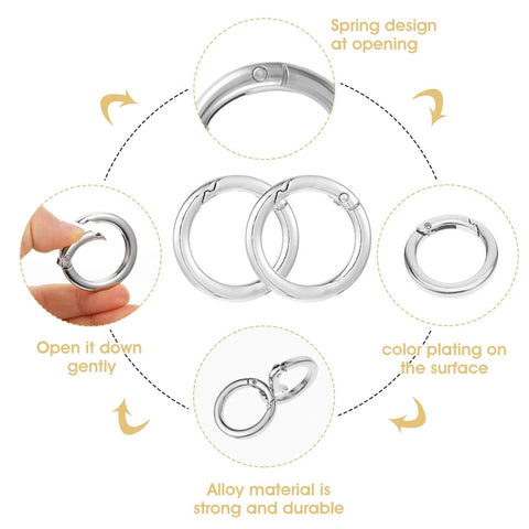 4 Pack Silver Metal O Ring Set For Purses And Handbags, Keys And Carabiners, 1 Inch Inner Diameter Round Spring Ring Clasp displayed
