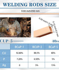 Table showing composition and size of 40 Pack Fifteen Percent Silver Brazing Rods For Phos Copper Brazing Alloys AWS BCup 5 Flat Welding Rods