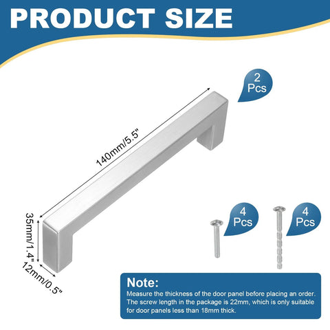 Two Pack Silver 5.5 Inch Square Cabinet Pulls Stainless Steel Drawer Handles with Size Details and Screws