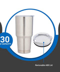 Front view of Ceramic Interior 30oz Wine Tumbler with Lid, double-wall vacuum insulated, silver, next to removable ABS lid.
