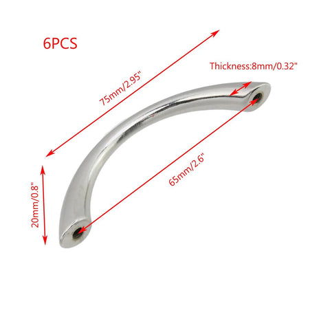 Silver Curved Drawer Handles Set Of 6 With Ergonomic Arch Design, 75mm Length And 65mm Hole Centers, solid handle dimensions.