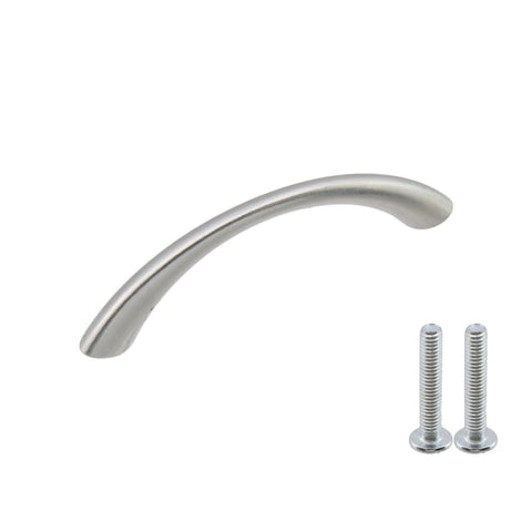 Silver Curved Drawer Handles Set Of 6 With Ergonomic Arch Design, 75mm Length And 65mm Hole Centers, includes screws.