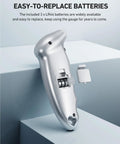 Side view of silver Digital Tire Pressure Gauge 0 To 150 PSI With Backlit LCD And Presta Valve Adaptor Included showing battery compartment.