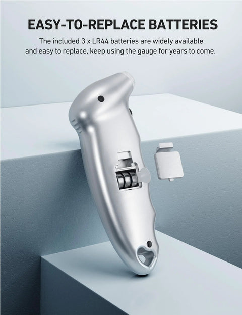 Side view of silver Digital Tire Pressure Gauge 0 To 150 PSI With Backlit LCD And Presta Valve Adaptor Included showing battery compartment.