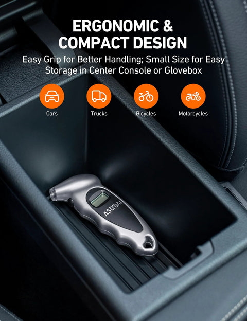 Digital Tire Pressure Gauge 0 To 150 PSI With Backlit LCD And Presta Valve Adaptor Included in car storage compartment.