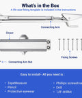 Automatic Door Closer (Silver) FS-1306 components, including connecting arm, closer, and fixing screws laid out in box