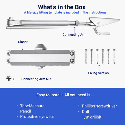 Automatic Door Closer (Silver) FS-1306 components, including connecting arm, closer, and fixing screws laid out in box
