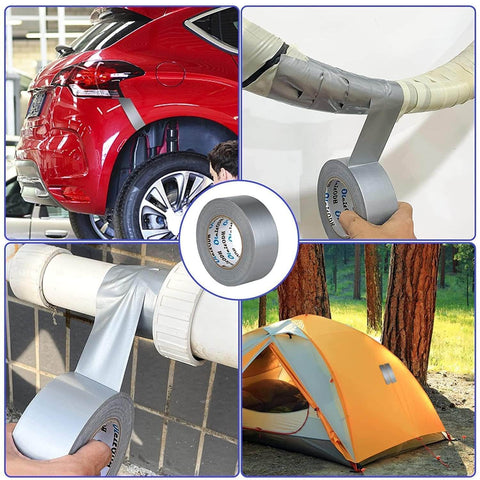 Bulk 48 Pack Silver Heavy Duty Go To Everyday Tough Duct Tape 2 Inch By 30 Yard Rolls Total 1440 Yards All Weather Waterproof Tear By Hand No Residue Indoor Outdoor Repairs Industrial And Professional Use Multi Purpose used for car, pipe, and tent repairs.