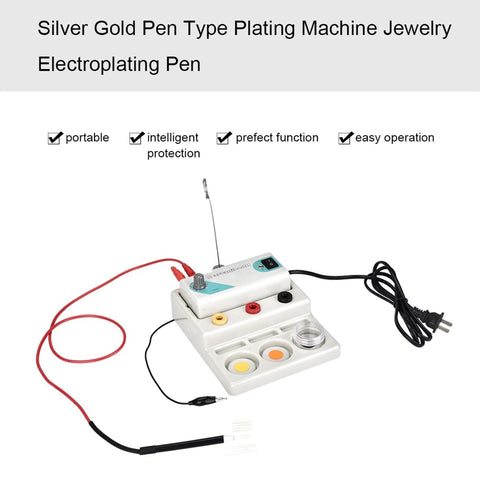 Silver gold pen type plating machine with cables and controls for DIY jewelry finishing and repairs. Ideal for small metal coatings.