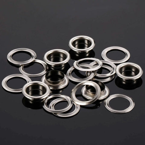 500 Pcs Grommet and Washer Kit for Leather, Fabric and Bags 1/4 Inch Inner Diameter Silver Finish Eyelets on black surface