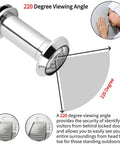 Diagram of Beefed Up HD Door Peephole With 220 Degree Wide View Glass Lens showing viewing angle and security features.
