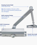 FS-1306 Residential Hydraulic Auto Door Closer in silver finish with adjustable arm for smooth opening and closing.