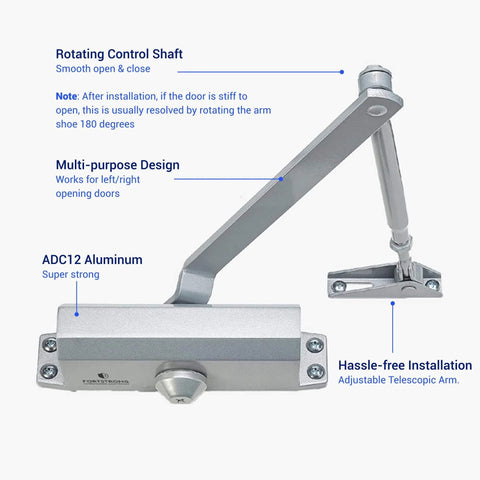 FS-1306 Residential Hydraulic Auto Door Closer in silver finish with adjustable arm for smooth opening and closing.