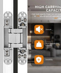 7 Inch Invisible Door Hinges 2 Pack Heavy Duty 3D Adjustable 180 Degree Swing Concealed Door Hinge in Silver displayed