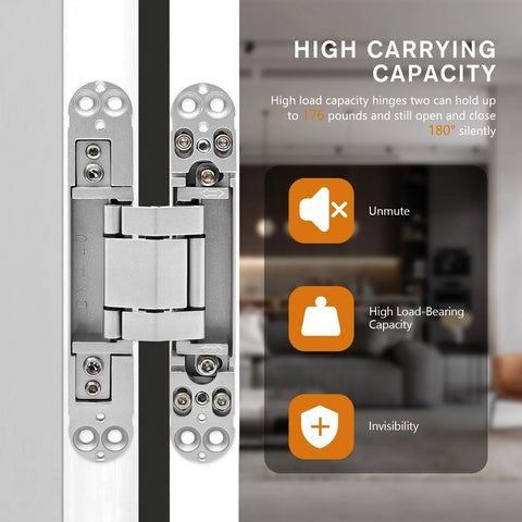 7 Inch Invisible Door Hinges 2 Pack Heavy Duty 3D Adjustable 180 Degree Swing Concealed Door Hinge in Silver displayed