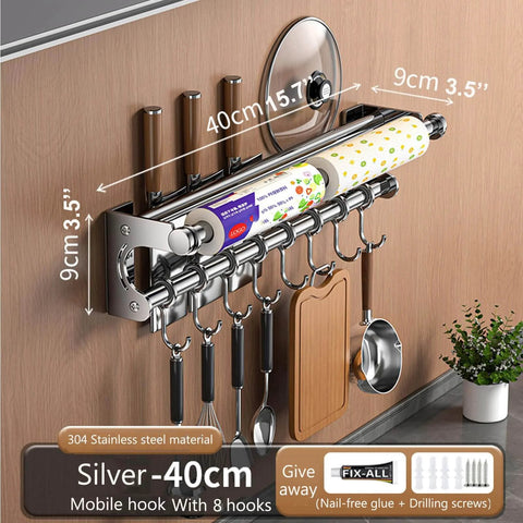 Silver 40CM+8Hook Modern Kitchen Utensil Hanger installed on wall, with knife rack, towel bar, and cookware hanging space-saving kitchen organizer.