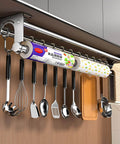 Silver 40CM+8Hook Modern Kitchen Utensil Hanger, Space-Saving Wall Mount with hanging utensils and knife rack.