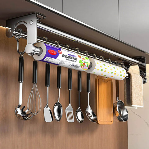 Silver 40CM+8Hook Modern Kitchen Utensil Hanger, Space-Saving Wall Mount with hanging utensils and knife rack.