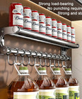 Silver 40CM+8Hook Modern Kitchen Utensil Hanger holding bottles and cans, space-saving wall mount with hooks and strong load-bearing.
