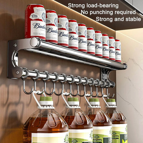 Silver 40CM+8Hook Modern Kitchen Utensil Hanger holding bottles and cans, space-saving wall mount with hooks and strong load-bearing.