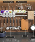 Silver 40CM+8Hook Modern Kitchen Utensil Hanger, Space-Saving Wall Mount Knife Wall Mount with utensils and storage items.