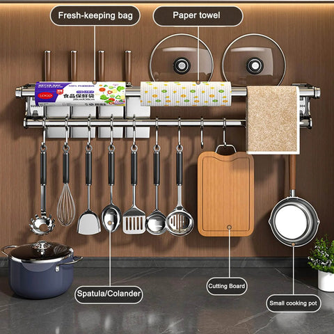 Silver 40CM+8Hook Modern Kitchen Utensil Hanger, Space-Saving Wall Mount Knife Wall Mount with utensils and storage items.