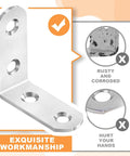 Silver L bracket corner set, 90-degree angle, stainless steel, smooth finish, comparison with rusty and sharp brackets.
