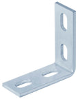 Ten Pack 90 Degree Strut Channel Fittings For One And Five Eighths Inch Systems, L Shaped Angle Brackets With Four Slot Holes, Seven Thirty Two Inches Thick, Carbon Steel Electro Galvanized Finish In Silver, front view.