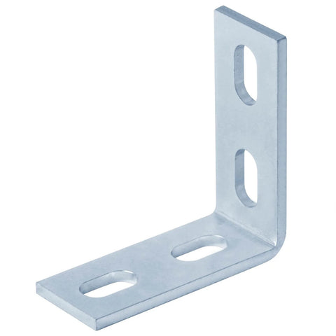 Ten Pack 90 Degree Strut Channel Fittings For One And Five Eighths Inch Systems, L Shaped Angle Brackets With Four Slot Holes, Seven Thirty Two Inches Thick, Carbon Steel Electro Galvanized Finish In Silver, front view.
