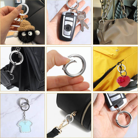 4 Pack Silver Metal O Ring Set For Purses And Handbags, Keys And Carabiners in use on various bags and keychains.