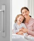 Adhesive Cabinet Handles Peel And Stick No Drill Silver Five Point Five Inch Drawer Pulls For Cabinets shown next to smiling family.