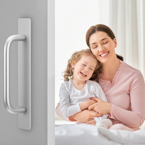 Adhesive Cabinet Handles Peel And Stick No Drill Silver Five Point Five Inch Drawer Pulls For Cabinets shown next to smiling family.