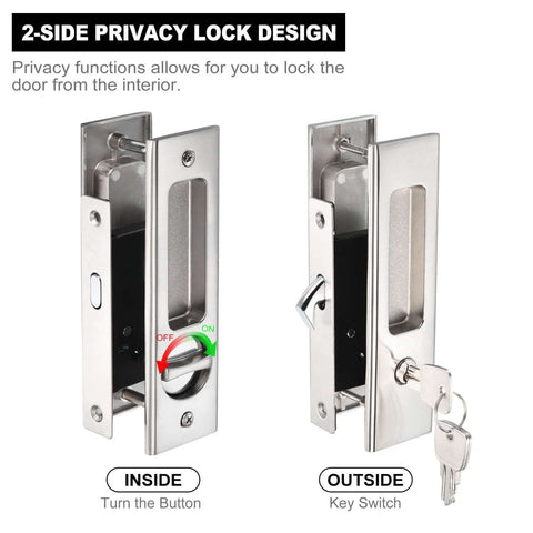 Invisible Recessed Pocket Door Lock With Hidden Handle And Keys, Ideal For Sliding Barn Wood Doors, Silver Finish, shown installed