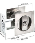 Pocket Door Lock With Keys And Invisible Recessed Handle Latch For Barn Doors And Wood Furniture, shown with dimensions
