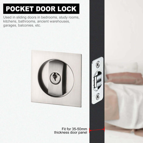 Pocket Door Lock With Keys And Invisible Recessed Handle Latch For Barn Doors And Wood Furniture, Silver Square Lock
