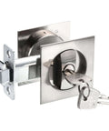 Pocket Door Lock With Keys And Invisible Recessed Handle Latch For Barn Doors And Wood Furniture, Square Privacy Sliding Door Lock, Adjustable Tongue For 35-50mm Doors, Silver Finish, showing stainless steel construction.