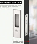 Privacy Pocket Door Lock with a silver finish, showing the lock and handle fitted in a door, suitable for 40-50mm thickness.