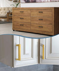 Two Pack Silver 5.5 Inch Square Cabinet Pulls Stainless Steel Drawer Handles for kitchen cupboards shown on a wooden dresser and white cabinet.