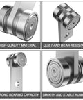 2 Wheel Trolley Assembly Rollers for 1-5/8 Inch Wide & Taller Strut Channel, showcasing silver carbon steel design, four views