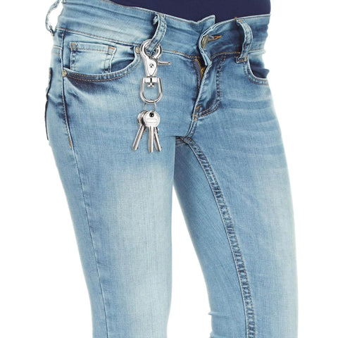 Close-up of jeans with 4 Pack 2.67 Inch Trigger Snap Hooks With 360 Degree Swivel Lobster Clasps Stainless Steel 316