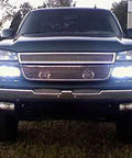 Front view of a truck demonstrating 4 Pin EP29 EP29N LED Flasher Relay For Hyper Rapid Turn Signal Blink On 1996–2005 Cadillacs Chevys GMCs And Oldsmobiles Replacement For OEM 10041073 10041074 10224868 11516051 12450013 12450054 installed with bright LED headlights.