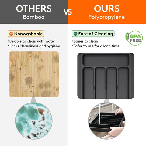 Comparison of bamboo vs BPA-free polypropylene expandable silverware organizers; highlighting cleanliness, hygiene, and easy cleaning.
