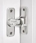 Silvery Enhanced Security Flip Latch Lock - Heavy-Duty 90/180 Degree Sliding and Swing Door Latch installed on white door