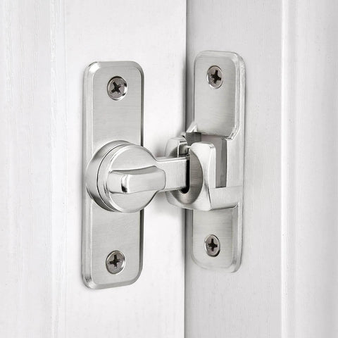 Silvery Enhanced Security Flip Latch Lock - Heavy-Duty 90/180 Degree Sliding and Swing Door Latch installed on white door