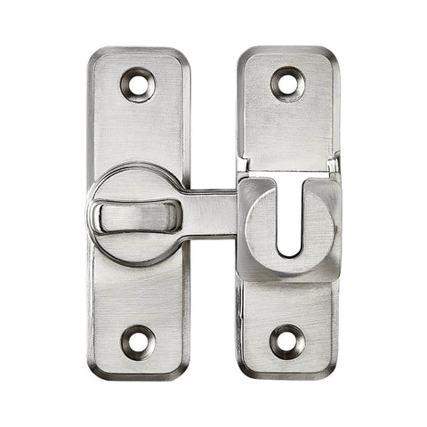 Front view of Silvery Enhanced Security Flip Latch Lock for sliding and swing doors, showing metal finish and screw holes.