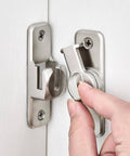 Silvery Enhanced Security Flip Latch Lock in use on a door, showcasing heavy-duty construction and versatile 90/180 degree mounting.