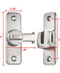 Silvery Enhanced Security Flip Latch Lock with dimensions for 90/180 degree sliding and swing door latch suitable for barns and gates.