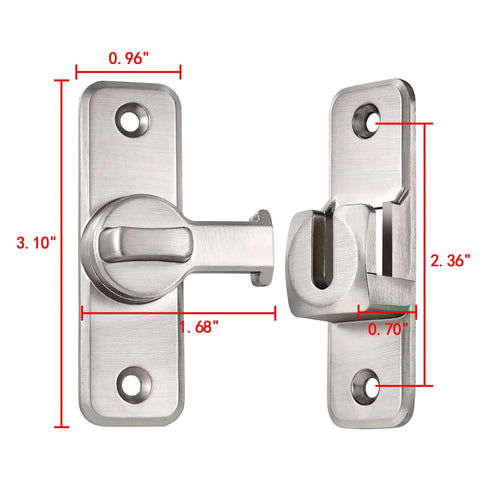 Silvery Enhanced Security Flip Latch Lock with dimensions for 90/180 degree sliding and swing door latch suitable for barns and gates.